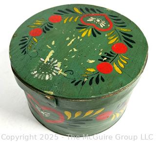 Green Folk Art Painted Linden Wood Box with Lid. Possibly Pennsylvania Dutch