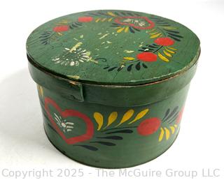 Green Folk Art Painted Linden Wood Box with Lid. Possibly Pennsylvania Dutch