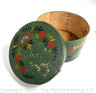 Green Folk Art Painted Linden Wood Box with Lid. Possibly Pennsylvania Dutch