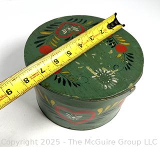 Green Folk Art Painted Linden Wood Box with Lid. Possibly Pennsylvania Dutch