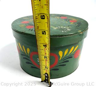 Green Folk Art Painted Linden Wood Box with Lid. Possibly Pennsylvania Dutch
