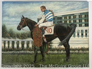 Unframed Original Oil On Canvas of the 1961 Kentucky Derby Winner "Carry Back" in Winners Circle Painted by Artist Linda Lovett. Provenance On Back Of Canvas. 22 x 28" 