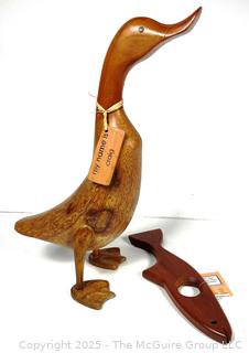 Carved Wood Duck Statue and Fish Bottle Holder