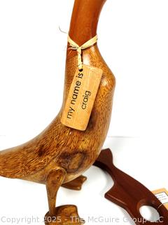 Carved Wood Duck Statue and Fish Bottle Holder