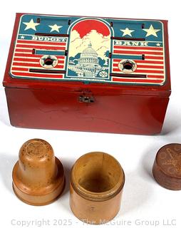 Marx Metal Red White and Blue Capital Building Budget Bank,Edison Battery Box and Two (2) Treen Wood Boxes