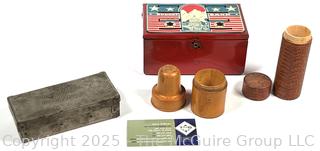 Marx Metal Red White and Blue Capital Building Budget Bank,Edison Battery Box and Two (2) Treen Wood Boxes