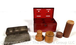 Marx Metal Red White and Blue Capital Building Budget Bank,Edison Battery Box and Two (2) Treen Wood Boxes