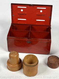 Marx Metal Red White and Blue Capital Building Budget Bank,Edison Battery Box and Two (2) Treen Wood Boxes