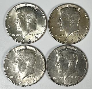 Four (4) Kennedy Half Dollar Coins. (2) 1966 and (2) 1964