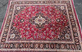Hand Woven Wool Mashad Carpet on Red Ground.  103" x 132".