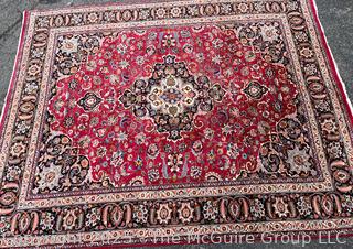 Hand Woven Wool Mashad Carpet on Red Ground.  103" x 132".
