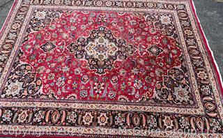 Hand Woven Wool Mashad Carpet on Red Ground.  103" x 132".
