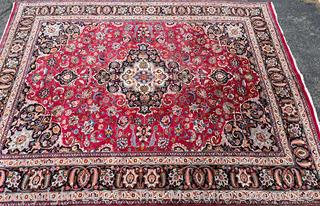 Hand Woven Wool Mashad Carpet on Red Ground.  103" x 132".