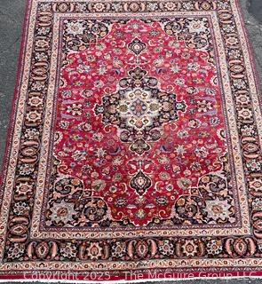 Hand Woven Wool Mashad Carpet on Red Ground.  103" x 132".