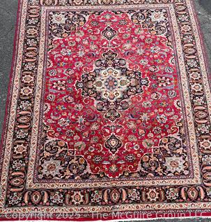 Hand Woven Wool Mashad Carpet on Red Ground.  103" x 132".