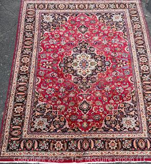 Hand Woven Wool Mashad Carpet on Red Ground.  103" x 132".