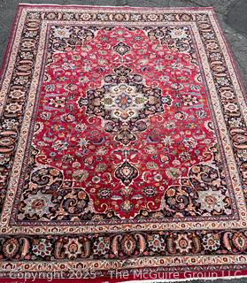 Hand Woven Wool Mashad Carpet on Red Ground.  103" x 132".