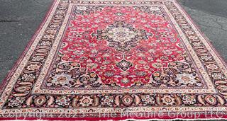 Hand Woven Wool Mashad Carpet on Red Ground.  103" x 132".
