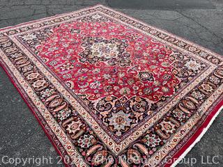 Hand Woven Wool Mashad Carpet on Red Ground.  103" x 132".