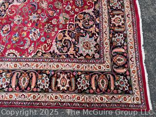 Hand Woven Wool Mashad Carpet on Red Ground.  103" x 132".