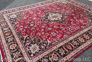 Hand Woven Wool Mashad Carpet on Red Ground.  103" x 132".