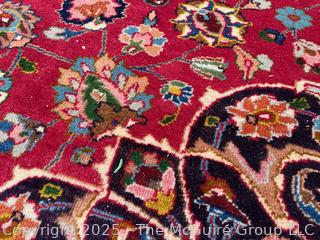 Hand Woven Wool Mashad Carpet on Red Ground.  103" x 132".