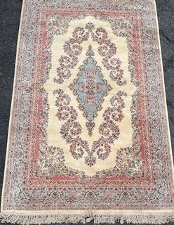 Karastan Kirman Oriental Wool Rug Pink & Blue on Beige Ground. 69" x 116"