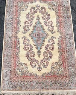 Karastan Kirman Oriental Wool Rug Pink & Blue on Beige Ground. 69" x 116"