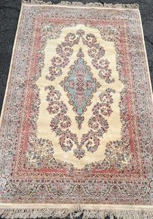 Karastan Kirman Oriental Wool Rug Pink & Blue on Beige Ground. 69" x 116"