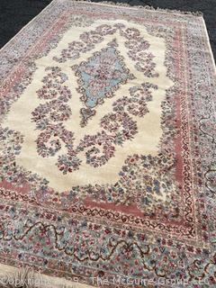Karastan Kirman Oriental Wool Rug Pink & Blue on Beige Ground. 69" x 116"