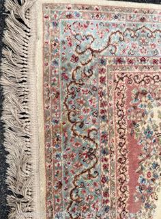 Karastan Kirman Oriental Wool Rug Pink & Blue on Beige Ground. 69" x 116"