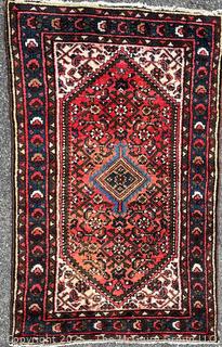 Wool Hand Woven Persian Shiraz Area Rug on Blue Ground.  31" x 50"