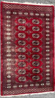 Hand-knotted Southwestern Bokhara Area Rug on Red Ground. 37" x 62"