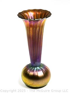 Signed Art Nouveau Quezal Iridescent Studio Art Glass Trumpet Vase 