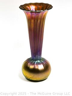 Signed Art Nouveau Quezal Iridescent Studio Art Glass Trumpet Vase 