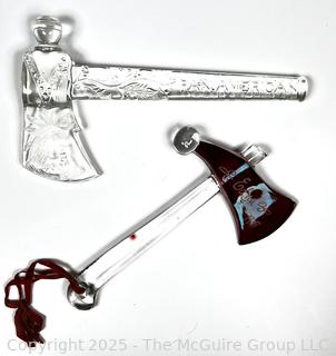 Two (2) Antique Souvenir Glass Hatchets: Pan-American Exposition 1901 Buffalo NY, 7"long, and 1908 "Edna"