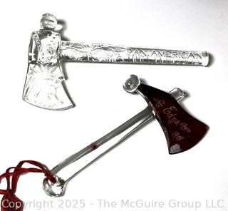 Two (2) Antique Souvenir Glass Hatchets: Pan-American Exposition 1901 Buffalo NY, 7"long, and 1908 "Edna"