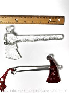 Two (2) Antique Souvenir Glass Hatchets: Pan-American Exposition 1901 Buffalo NY, 7"long, and 1908 "Edna"