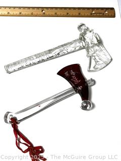 Two (2) Antique Souvenir Glass Hatchets: Pan-American Exposition 1901 Buffalo NY, 7"long, and 1908 "Edna"