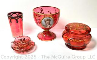 Four (4) Pieces of 19th Century Bohemian Gilt Cranberry Glass and Portrait Goblet