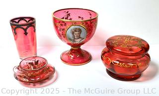 Four (4) Pieces of 19th Century Bohemian Gilt Cranberry Glass and Portrait Goblet