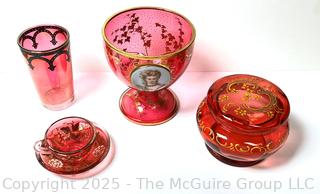 Four (4) Pieces of 19th Century Bohemian Gilt Cranberry Glass and Portrait Goblet