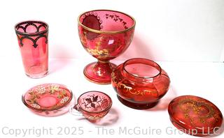 Four (4) Pieces of 19th Century Bohemian Gilt Cranberry Glass and Portrait Goblet
