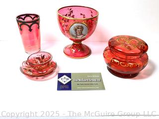 Four (4) Pieces of 19th Century Bohemian Gilt Cranberry Glass and Portrait Goblet