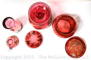 Four (4) Pieces of 19th Century Bohemian Gilt Cranberry Glass and Portrait Goblet