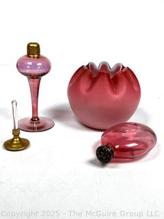 Three (3) Decorative Pieces of Ruby Glass. Includes Pinched Rose Bowl, Perfume Bottle and Snuff Bottle.