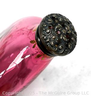 Three (3) Decorative Pieces of Ruby Glass. Includes Pinched Rose Bowl, Perfume Bottle and Snuff Bottle.