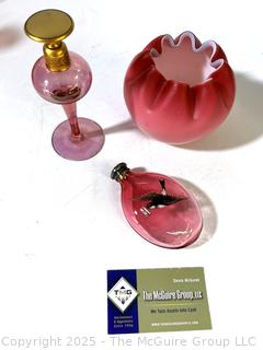 Three (3) Decorative Pieces of Ruby Glass. Includes Pinched Rose Bowl, Perfume Bottle and Snuff Bottle.
