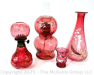 Two (2) Victorian Cranberry Glass Oil Lamps and Two (2) Pieces of Mary Gregory Style Painted Cranberry Glass