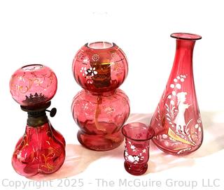 Two (2) Victorian Cranberry Glass Oil Lamps and Two (2) Pieces of Mary Gregory Style Painted Cranberry Glass